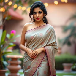 An elegant Indian woman wearing a loosely draped saree that flows gracefully around her