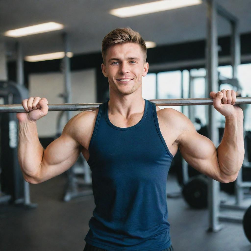 A fit and energetic young man in workout attire, lifting weights inside a bright, well-equipped gym.