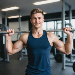 A fit and energetic young man in workout attire, lifting weights inside a bright, well-equipped gym.