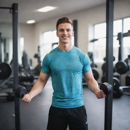 A fit and energetic young man in workout attire, lifting weights inside a bright, well-equipped gym.