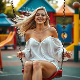 A high-quality photograph featuring a sporty woman with beautiful blonde hair, joyfully sitting on a swing