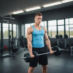 A fit and energetic young man in workout attire, lifting weights inside a bright, well-equipped gym.