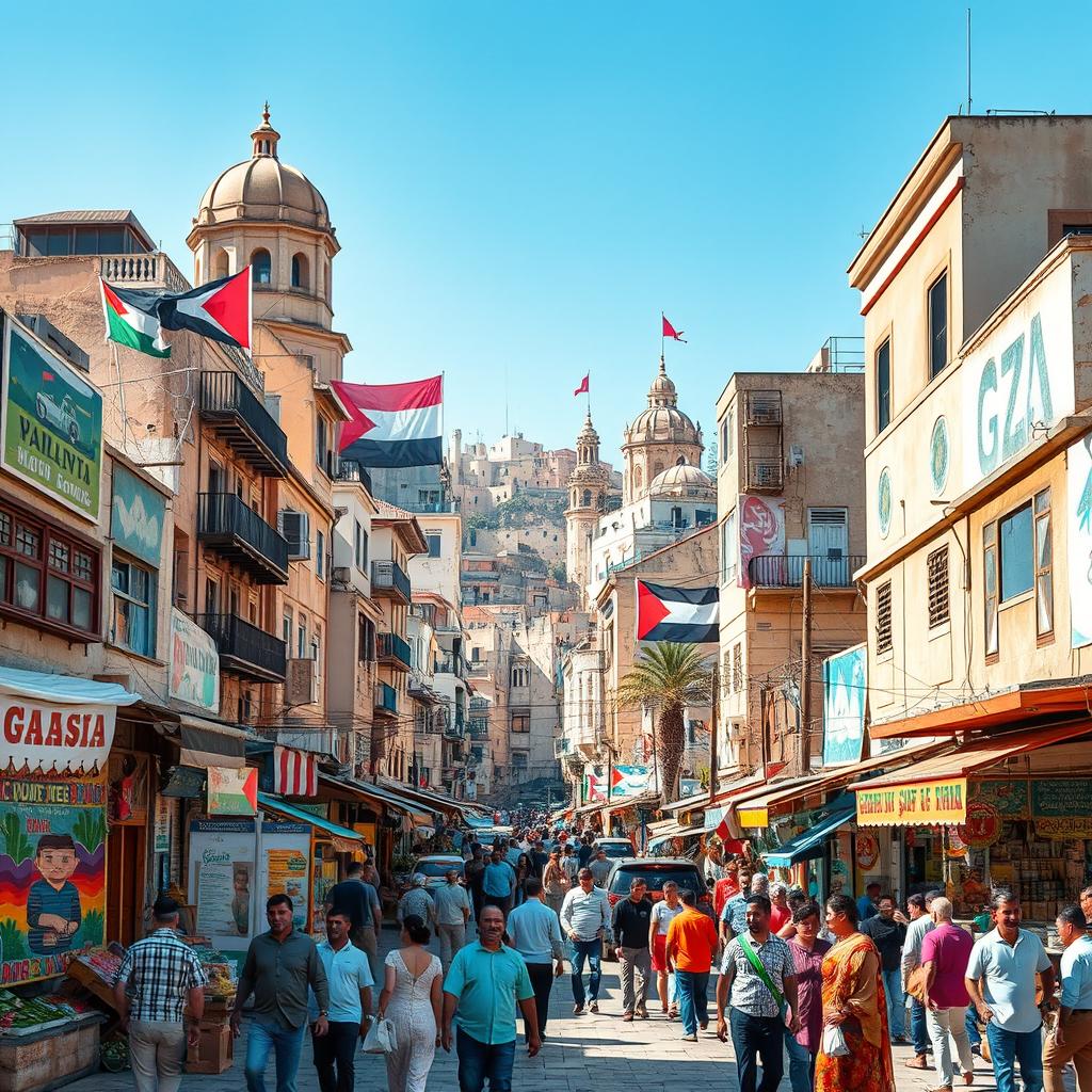 A vibrant scene depicting the historical and cultural richness of Gaza today, showcasing a bustling cityscape with both modern and traditional architectural elements, lively markets filled with people shopping and engaging in daily activities, beautifully designed street art reflecting local culture and resilience, bright blue skies, and the sound of laughter and conversation filling the air