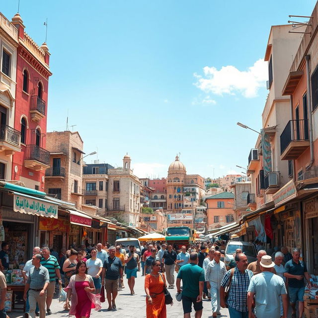 A vibrant scene depicting the historical and cultural richness of Gaza today, showcasing a bustling cityscape with both modern and traditional architectural elements, lively markets filled with people shopping and engaging in daily activities, beautifully designed street art reflecting local culture and resilience, bright blue skies, and the sound of laughter and conversation filling the air