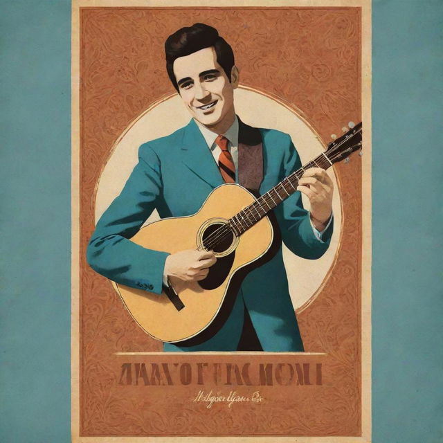 Create a vintage, 60's inspired book cover for a story about an Argentinian guitarist. The design should include a retro-looking guitar, elements of Argentinian culture, and a nostalgic color palette.