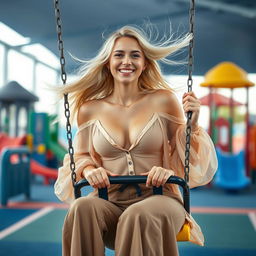 A high-quality photograph featuring a sporty woman with stunning blonde hair, joyfully sitting on a swing