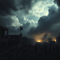 A dramatic and intense scene depicting the current situation in Gaza under a stormy sky, with clouds swirling ominously above