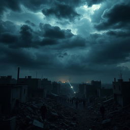 A dramatic and intense scene depicting the current situation in Gaza under a stormy sky, with clouds swirling ominously above