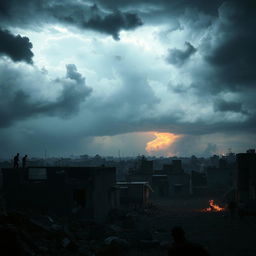 A dramatic and intense scene depicting the current situation in Gaza under a stormy sky, with clouds swirling ominously above