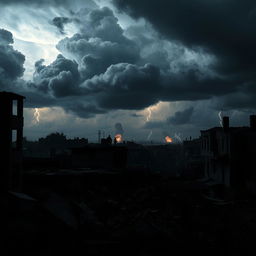 A dramatic and intense scene depicting the current situation in Gaza under a stormy sky, with clouds swirling ominously above