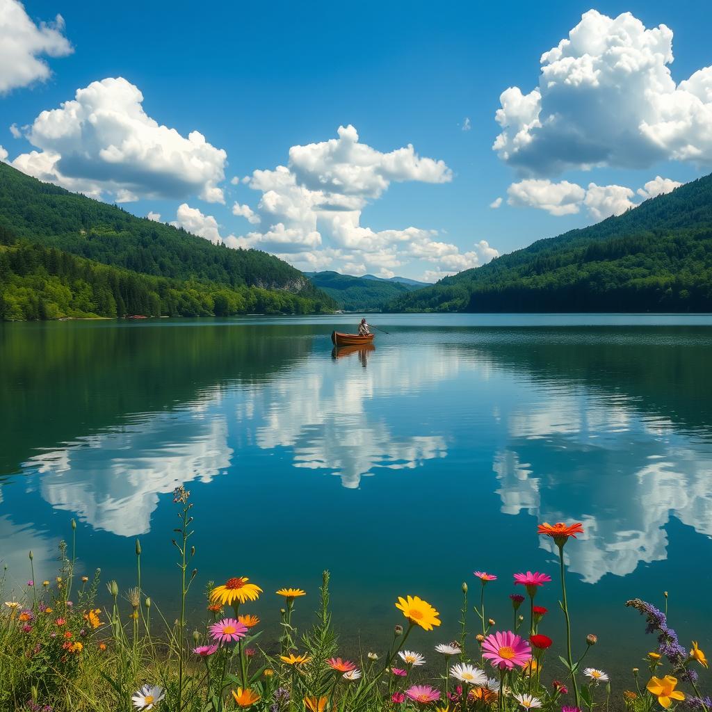 A serene landscape featuring a tranquil lake surrounded by lush green forests, reflecting the clear blue sky with fluffy white clouds