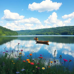 A serene landscape featuring a tranquil lake surrounded by lush green forests, reflecting the clear blue sky with fluffy white clouds