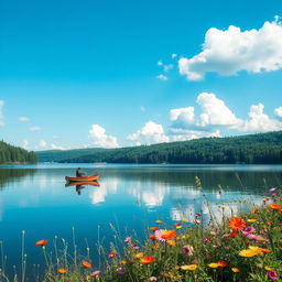 A serene landscape featuring a tranquil lake surrounded by lush green forests, reflecting the clear blue sky with fluffy white clouds