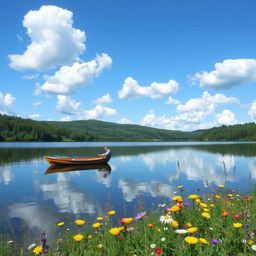 A serene landscape featuring a tranquil lake surrounded by lush green forests, reflecting the clear blue sky with fluffy white clouds