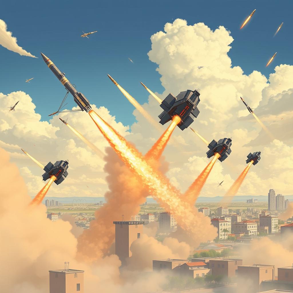 A detailed and dynamic illustration of Israel's Iron Dome defense system in action, showcasing multiple missile interceptors launching into the sky, intercepting incoming rockets