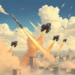 A detailed and dynamic illustration of Israel's Iron Dome defense system in action, showcasing multiple missile interceptors launching into the sky, intercepting incoming rockets