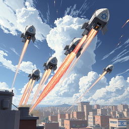 A detailed and dynamic illustration of Israel's Iron Dome defense system in action, showcasing multiple missile interceptors launching into the sky, intercepting incoming rockets