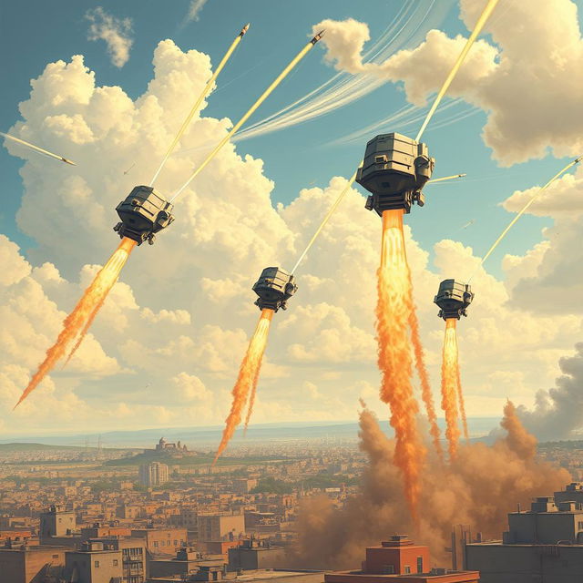 A detailed and dynamic illustration of Israel's Iron Dome defense system in action, showcasing multiple missile interceptors launching into the sky, intercepting incoming rockets