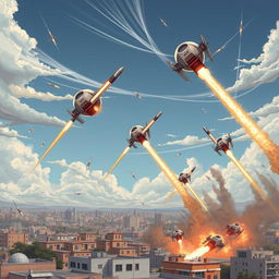 A detailed and dynamic illustration of Israel's Iron Dome defense system in action, showcasing multiple missile interceptors launching into the sky, intercepting incoming rockets