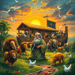 An artistic depiction of the story of Prophet Noah, showing him crafting the Ark with animals boarding