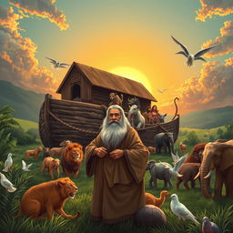 An artistic depiction of the story of Prophet Noah, showing him crafting the Ark with animals boarding