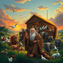 An artistic depiction of the story of Prophet Noah, showing him crafting the Ark with animals boarding