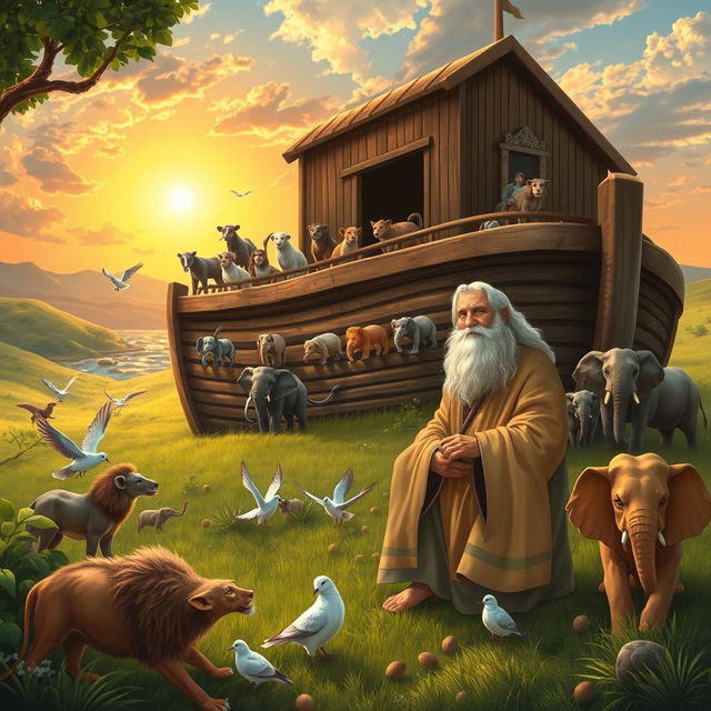 An artistic depiction of the story of Prophet Noah, showing him crafting the Ark with animals boarding