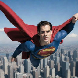 A detailed picture of Henry Cavill in his Superman costume, flying high over the city under a clear blue sky