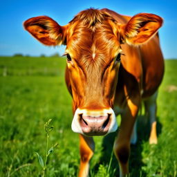 A brown female cow standing proudly and facing the camera directly, showcasing her shiny coat and gentle expression