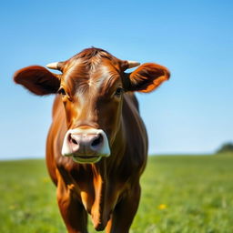 A brown female cow standing proudly and facing the camera directly, showcasing her shiny coat and gentle expression