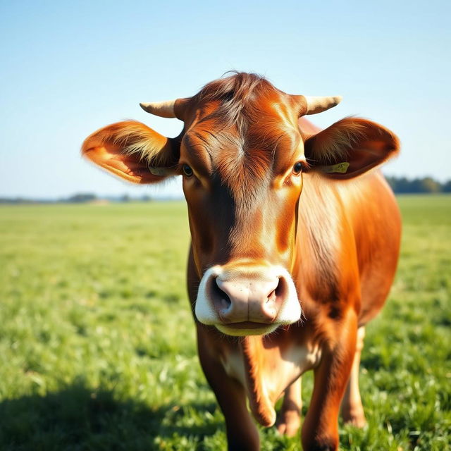 A brown female cow standing proudly and facing the camera directly, showcasing her shiny coat and gentle expression