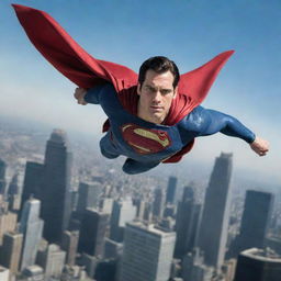 A detailed picture of Henry Cavill in his Superman costume, flying high over the city under a clear blue sky