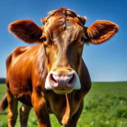 A brown female cow standing proudly and facing the camera directly, showcasing her shiny coat and gentle expression