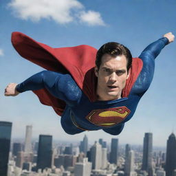 A detailed picture of Henry Cavill in his Superman costume, flying high over the city under a clear blue sky