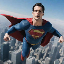 A detailed picture of Henry Cavill in his Superman costume, flying high over the city under a clear blue sky