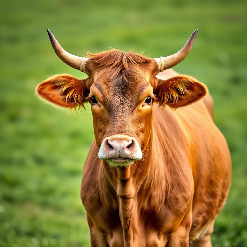 A brown female cow standing confidently and facing the camera directly, showcasing its beautiful coat with warm hues of brown