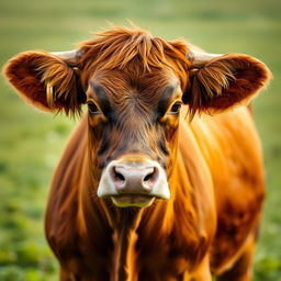 A brown female cow standing confidently and facing the camera directly, showcasing its beautiful coat with warm hues of brown