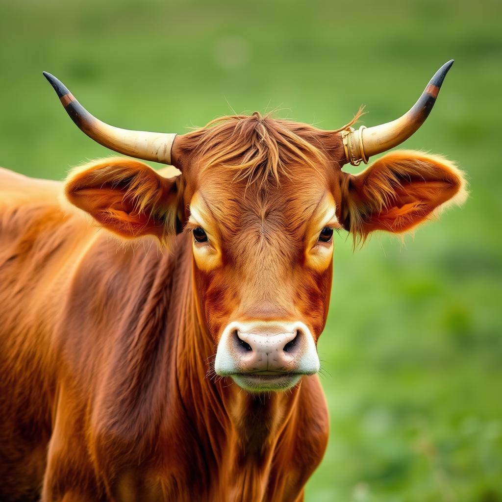 A brown female cow standing confidently and facing the camera directly, showcasing its beautiful coat with warm hues of brown