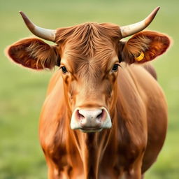 A brown female cow standing confidently and facing the camera directly, showcasing its beautiful coat with warm hues of brown