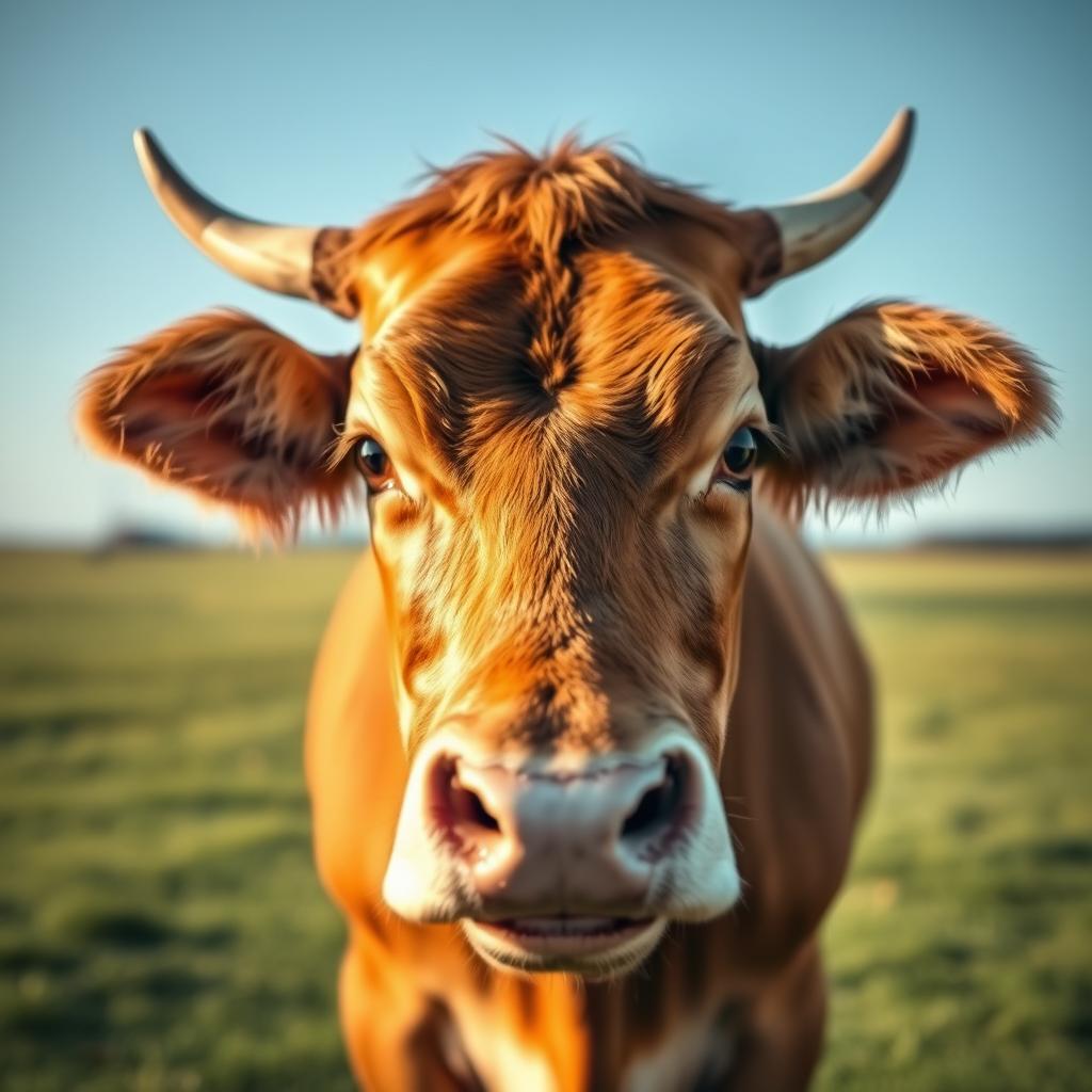 A brown female cow facing the camera directly, featuring a captivating glowing wedding ring elegantly placed on its left horn