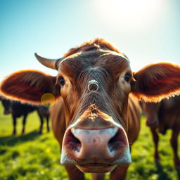 A brown female cow facing the camera directly, featuring a captivating glowing wedding ring elegantly placed on its left horn