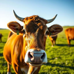 A brown female cow facing the camera directly, featuring a captivating glowing wedding ring elegantly placed on its left horn