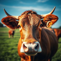 A brown female cow facing the camera directly, featuring a captivating glowing wedding ring elegantly placed on its left horn