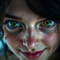 A striking close-up of a human face, showcasing white irises and multicolored eyes, displaying colorful patterns like swirls of blue, green, red, and yellow