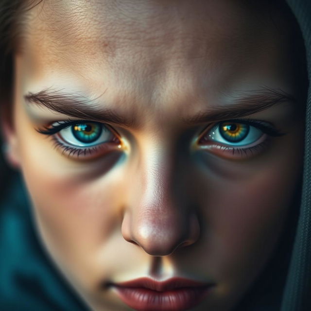 A close-up portrait of a person with striking multicolored eyes, featuring an intense gaze