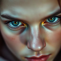 A close-up portrait of a person with striking multicolored eyes, featuring an intense gaze