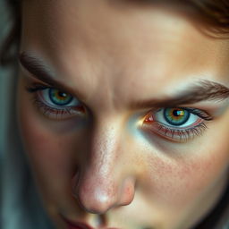 A close-up portrait of a person with striking multicolored eyes, featuring an intense gaze