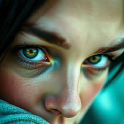 A close-up portrait of a person with striking multicolored eyes, featuring an intense gaze