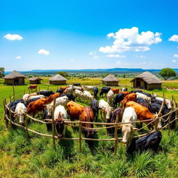 A picturesque scene of a traditional kraal filled with cows, showcasing a rustic African village setting