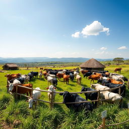 A picturesque scene of a traditional kraal filled with cows, showcasing a rustic African village setting